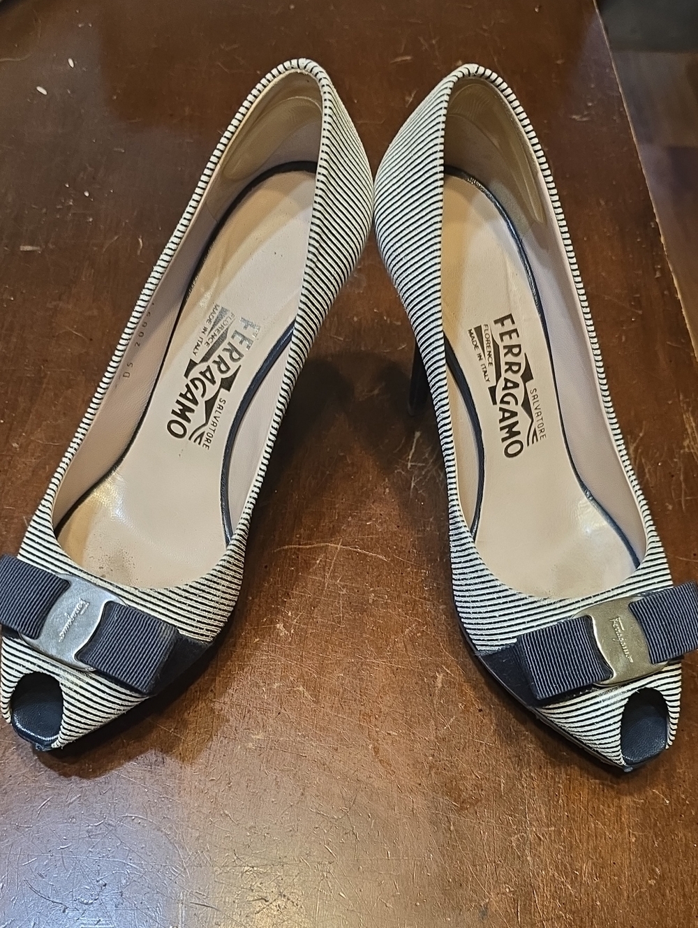 Salvatore Ferragamo Navy and White Striped Peep-Toe Pumps with Bow